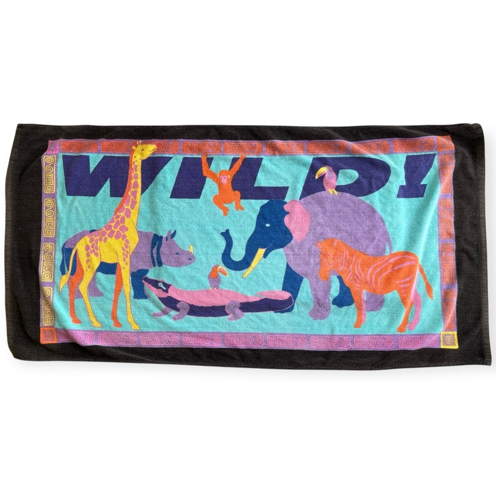 Vintage WILD! Colorful Zoo Animals Beach Towel Retro Zebra Elephant Giraffe